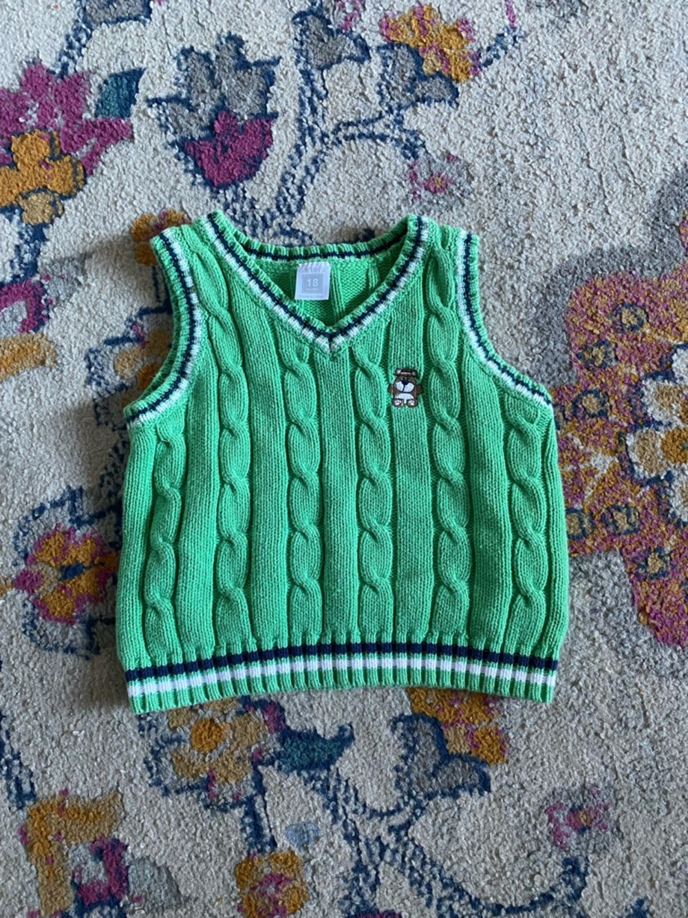 Carters Infant Toddler Green Cable Knit Vest Bear 100% Cotton 18 Months